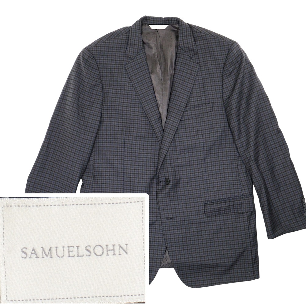 Samuelsohn Sport Coat Blazer Super 120s Wool Plaid Check Blue Men 46L - Recent